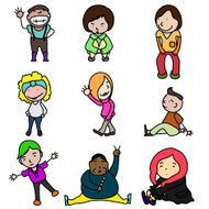 Cute doodle happy kids isolated on white background