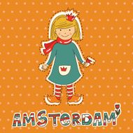 Vector card with cute girl crown and Amsterdam sign