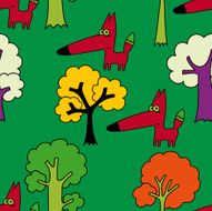 Cartoon cute fox character in trees seamless pattern