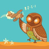 Cartoon owl with wooden toy airplane