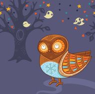 Cartoon owl in the night forest