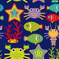 Seamless pattern with marine animals on a dark blue background