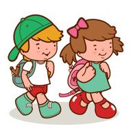 Caucasian kids walk to school