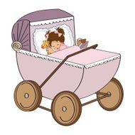 baby girl in retro stroller isolated on white background N2