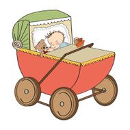 baby boy in retro stroller isolated on white background N2