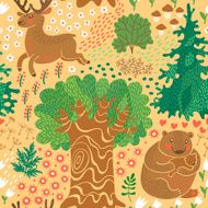 Seamless pattern with deer bears in the woods