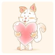 Cute love card with smiling toy cat holding heart