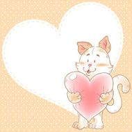 Cute love card with smiling toy cat holding heart N2