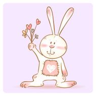 Cute love card with smiling toy bunny holding flowers