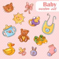 Baby toys cute cartoon set on polka dot background