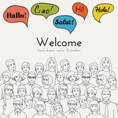 Group of young people with speech clouds different languages