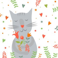 Cute cartoon smiling cat with floral print and hearts