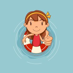 Girl with lifebuoy floating on water