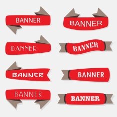 Red inflated ribbon banners icons set in different shapes