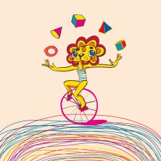 Children background with juggling lion by bicycle