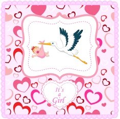 Cartoon stork with baby girl card N5