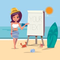 summer beach girl presenting with paperboard - vector illustration