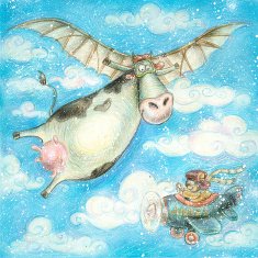 Cute flying cow Flight high in the sky Clouds