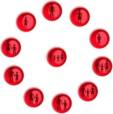 Red buttons with man woman child and family figures