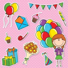 Girl with color balloons and birhday elements