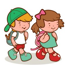 Caucasian kids walk to school