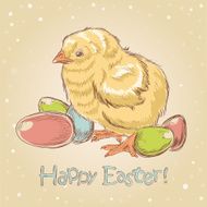 Easter vintage hand drawn card with chicken and colored eggs