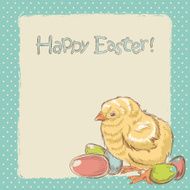 Easter vintage hand drawn card with chicken and colored eggs N2