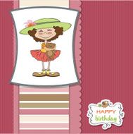 cute birthday greeting card with girl and her teddy bear N2