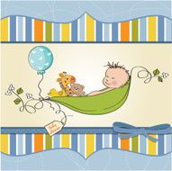 little boy sleeping in a pea been baby announcement card N20