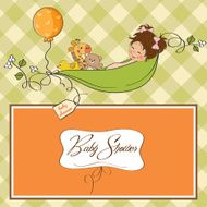 little girl siting in a pea been baby announcement card