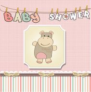 childish baby girl announcement card with hippo toy