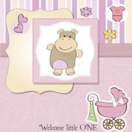 childish baby girl announcement card with hippo toy N5