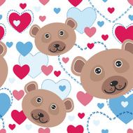 Seamless pattern with funny cute face bear pink blue heart