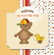 welcome baby card with boy teddy bear and his duck