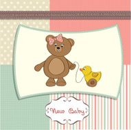 welcome baby card with girl teddy bear and her duck N2