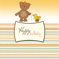 welcome baby card with girl teddy bear and her duck N4