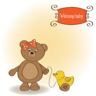 welcome baby card with girl teddy bear and her duck N5