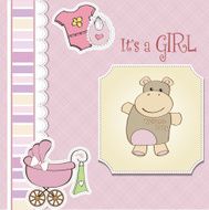 childish baby girl announcement card with hippo toy N12