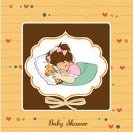 baby shower card with little girl and her toy N7