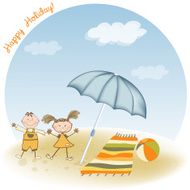 two kids play on the beach