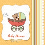 funny teddy bear in stroller baby announcement card