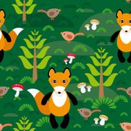 Seamless pattern fox and forest tree mushrooms kids background