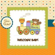 baby shower card with teddy bear and train toy