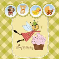 Childish birthday card with funny dressed bee N2