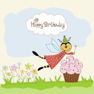 Childish birthday card with funny dressed bee N6