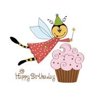 Childish birthday card with funny dressed bee N7