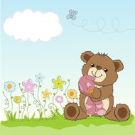 childish greeting card with teddy bear and his toy N5