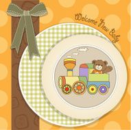 baby shower card with teddy bear and train toy N7