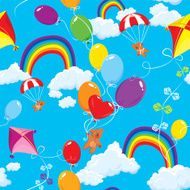 Seamless pattern with rainbows balloons kite parachute and teddy bears