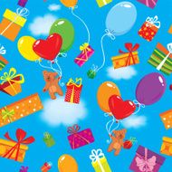 Seamless pattern with gift boxes presents balloons and teddy bears